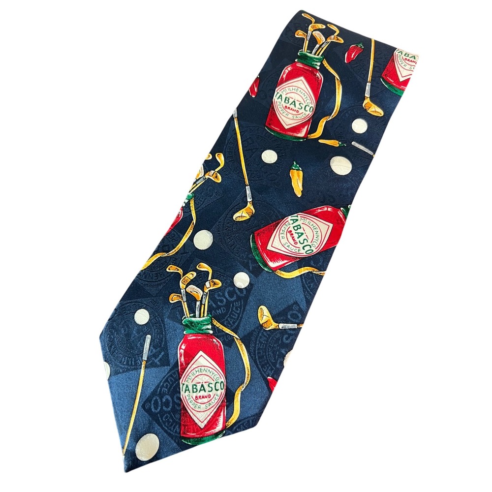 Tabasco Mens Silk Tie Navy Blue Golf‎ Clubs Hot Sauce Bottles Novelty Necktie